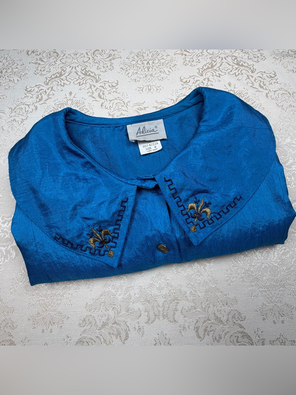 Vintage Alicia Blue Embroidered Collar Shirt, 8, Shoulder Pads